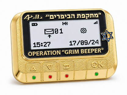 Gold-plated Operation Grim Beeper commemorative medal, front view